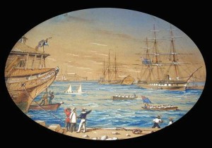 Edward James was Bermuda’s finest artist during the period of the American Civil War. He recorded this scene at the Camber at Dockyard, with a gig with two sails in the centre. 