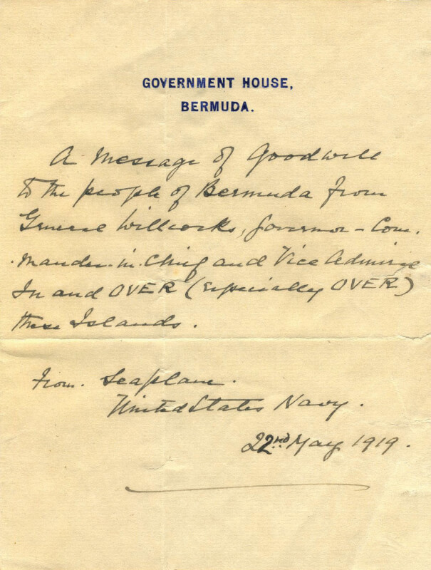 The Governor wrote a ‘Message of Goodwill to the people of Bermuda’ and dropped it in the Great Sound while flying to Dockyard. The ‘Message’ was found by 10-year-old Dudley Butterfield while swimming two days later. The Governor wrote a ‘Message of Goodwill to the people of Bermuda’ and dropped it in the Great Sound while flying to Dockyard. The ‘Message’ was found by 10-year-old Dudley Butterfield while swimming two days later.